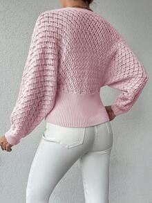 EURMUSE V-Neck Hollow-Out Button Detail Knit Pullover - Baby Pink - View 3