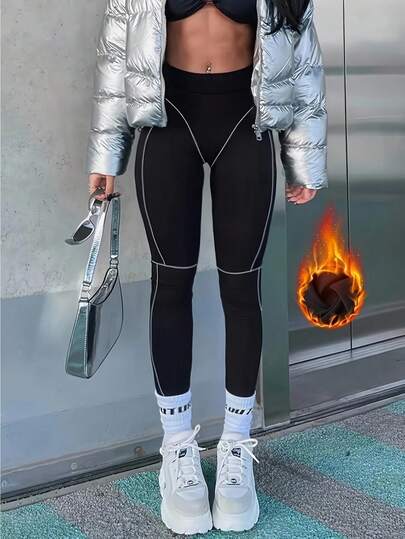 Easithlete Autumn Winter New High Waisted Yoga Fleece Pants For Women, Tummy Control Butt Lifting Leggings With Color Block Stitched Detail, Thermal Lined Thermal Shark Hem Tights