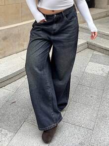 Dazy Plus Washed Distressed Loose Straight Leg Dark Wash Blue Long Jeans, Autumn