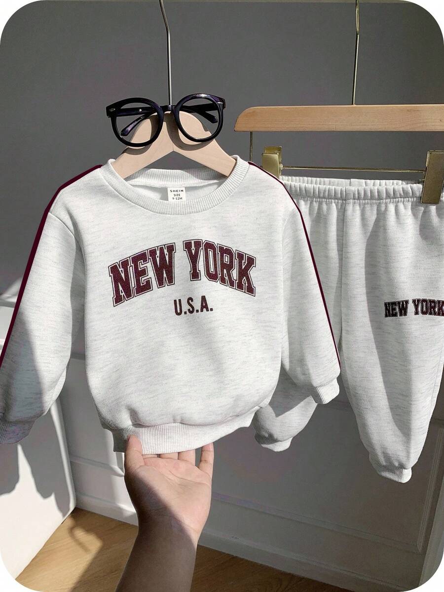 SHEIN 2pcs Baby Boy Casual Letter & Stripe Print Crew Neck Sweatshirt And Jogger Pants Set, Suitable For Home And Outdoor, Gray - Light Grey - View 1