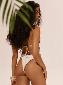 Musera Resort Badeanzug mit tiefem Ausschnitt und Perlendetails, Bademode für Frühling Sommer Ibiza Outfit, Urlaub, süß, romantisch, Festival, Strandurlaub - Beige - Übersicht 3