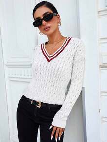 RueChic Áo len họa tiết cáp cổ chữ V thả vai cho nữ - Đỏ - Xem 4