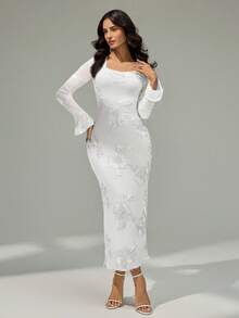 Modelyn Váy dài vừa phải co giãn vải jacquard thanh lịch thời trang dành cho nữ - trắng - Xem 5