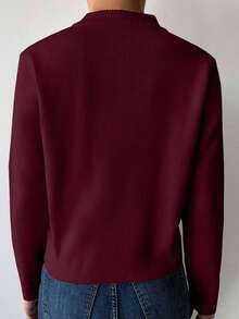 EURMUSE Women's Solid Color Zip-Up Half-Placket Long Sleeve Casual Sweater - Burgundy - View 2