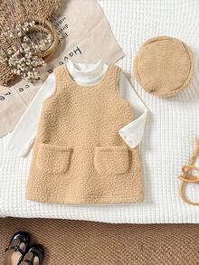 Vestido de niña con chaleco y boina, de estilo retro elegante y casual versátil para exteriores, de tela de calabaza camel, con cuello redondo, cremallera, sin puños y bolsillo, en estilo de otoño e invierno, cálido para el exterior, para uso diario - Caqui - Ver 3