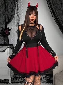 SHEIN Whyspr Grunge Punk Christmas Plus Size Women Adjustable Buckle Contrast Color Goth Style Suspender Dress - Burgundy - View 3