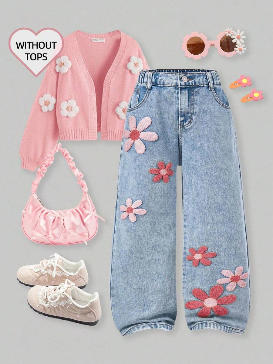 SHEIN 年轻女孩时尚雪花水洗做旧花卉植绒阔腿牛仔裤，90年代风格 - 藍色 - 查看 1