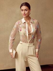 MOTF PREMIUM 花卉刺绣透明衬衫 - 杏色 - 查看 6