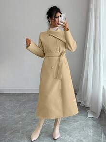Selianne 女式纯色双排扣长袖腰带设计优雅长款大衣，秋冬 - 卡其色 - 查看 6