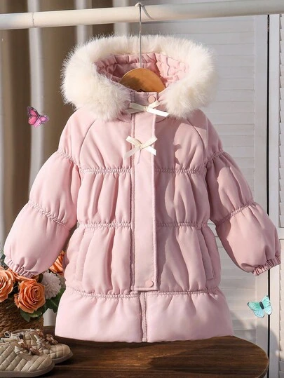 年轻女孩纯色插肩袖荷叶边蝴蝶结装饰拼布人造毛皮连帽可爱冬季夹克