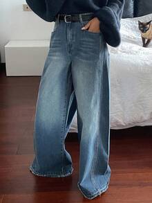 DAZY Women's Loose Fit Distressed Denim Wide Leg Jeans With Lace Trim Pockets, Casual Street Style, Autumn/Winter - Blue - View 2