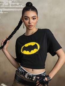 BATMAN X SHEIN 女式休闲蝙蝠印花圆领短袖T恤，夏季 - 黑色 - 查看 6