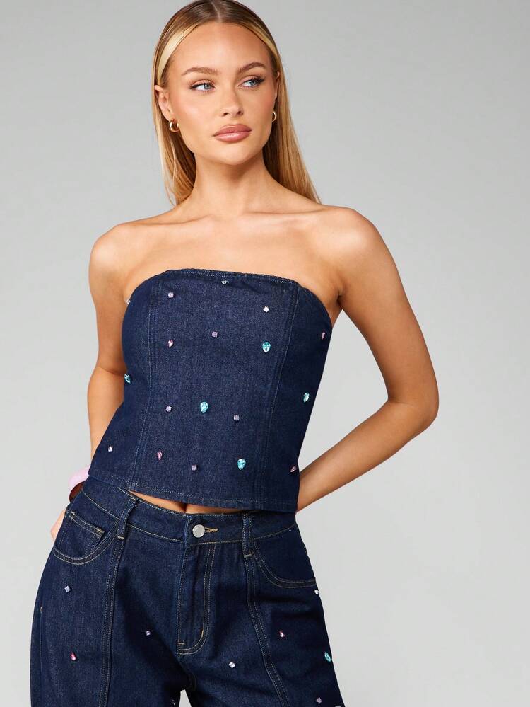 MISSGUIDED Embellished Denim Corset Top With Gem Stone Detailing Perfect For Summer Festival Y2K Style Sleeveless Crop Design