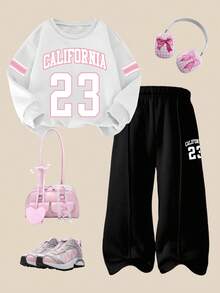 2pcs/Set Girls' Casual Fashion Fleece California 23 Graphic Long Sleeve Sweatshirt And Pants Set, Autumn/Winter