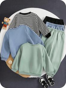 SHEIN 6件套男童休闲舒适百搭可爱圆领卫衣和运动裤套装，加厚保暖内衬运动服，返校季服装 - 彩色 - 查看 2