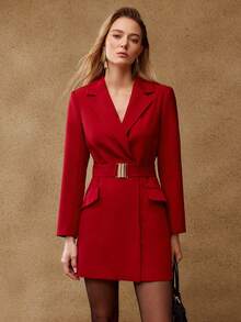 MOTF PREMIUM FALL WINTER LAPEL COLLAR BELTED BLAZER DRESS - Burgundy - View 5