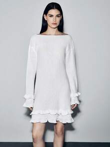 SHEIN LUNE 2025 New Stylish & Elegant French Romantic Off-Shoulder Backless Frill Trim Knit Dress - White - View 6