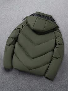 PAVTROS Men's Hooded Padded Coat With Palm Graffiti Print, Fashionable Streetwear Style Padded Coat For Autumn/Winter, Casual Daily Wear Winter Jacket Puffer Jacket Green Puffer Jacket Puffy Jacket Puffer Jacket With Hood - Army Green - View 2