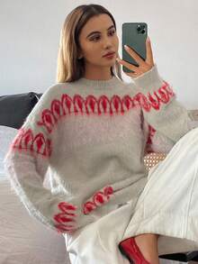 DAZY Women's Ombre Jacquard Loose Fit Crew Neck Long Sleeve Elegant Knit Sweater, Autumn/Winter