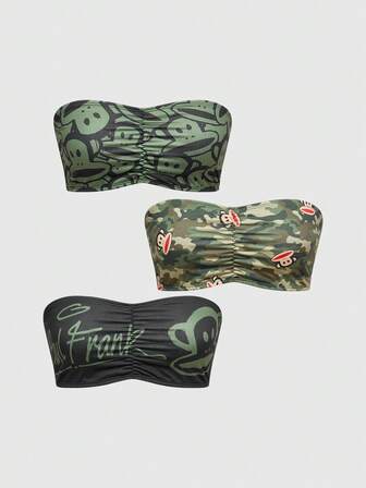 Paul Frank X ROMWE 3 pièces Soutien-gorge bandeau confortable sans fil imprimé singe plissé