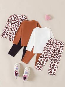 SHEIN Bộ 6 món/Bộ đồ cho bé gái, áo thun dài tay họa tiết da báo dễ thương, đa năng, kèm quần dài, chất liệu vải mềm mại, thoải mái, thích hợp mặc ở nhà và ngoài trời, hiệu suất cao - Nhiều màu - Xem 2