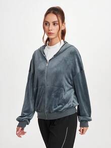 SHEIN Sports 女式纯色落肩长袖前拉链连帽运动夹克 - 灰色 - 查看 5