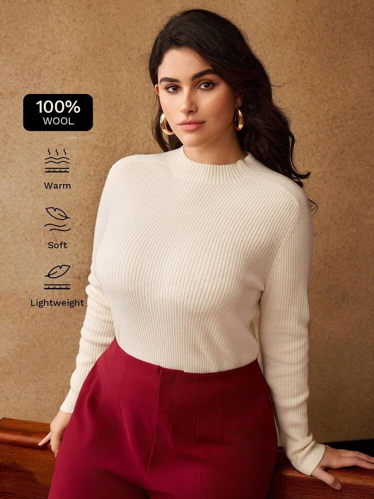 CHRISTMAS PLUS SIZE SOLID MOCK NECK RIBBED KNIT SWEATER