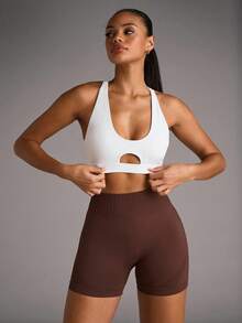 SHEIN BAE Women's Solid Color Hollow Simple Fitted Casual Sports Bra - White - View 7
