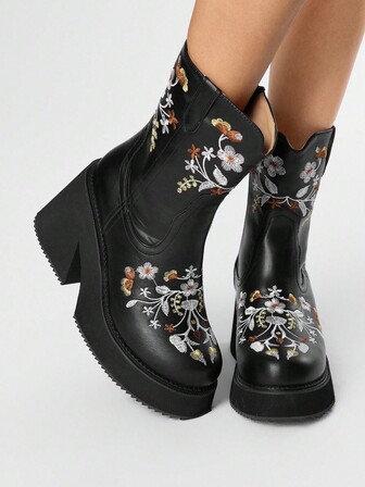 Fairycore Women's Embroidered Round Toe Platform Mid-Calf Boots, Fashionable Short Boots With Western Style