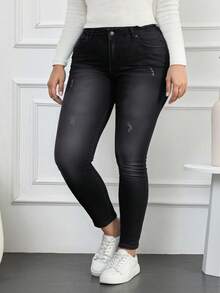 EURMUSE 98%Cotton Plus High Waist Ripped Skinny Jeans - Black - View 1