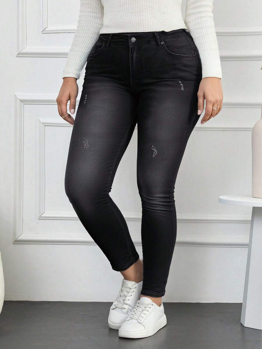 EURMUSE 98%Cotton Plus High Waist Ripped Skinny Jeans - Black - View 1