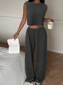 CovetEZ 2pcs Black Striped Knit Casual Set For Women Tall Two Piece Set Two Piece Set Women Comfy Casual Two Piece Set