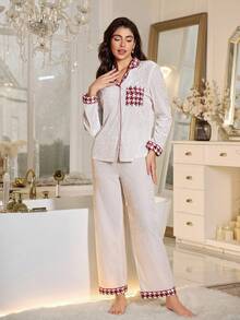 LuxeNights LuxeNights Set pijama elegant pentru femei, culoare solidă, model Houndstooth, cu model patchwork, strasuri, guler din catifea, cardigan și pantaloni, toamnă/iarnă, haine de toamnă