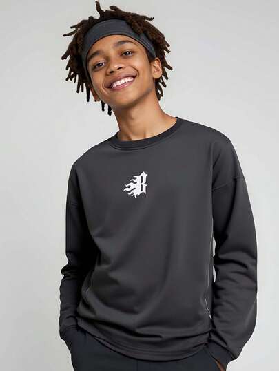 JNSQ Tween Boy Reflective Letter Print Crew Neck Loose Fit Long Sleeve Sweatshirt, Suitable For Autumn, Winter Daily Wear, Outdoor Activities, Vacation, Streetwear, Party And Casual