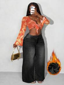 Slaydiva Plus Size Casual Washed Thermal Lined Wide Leg Jeans - Black - View 1
