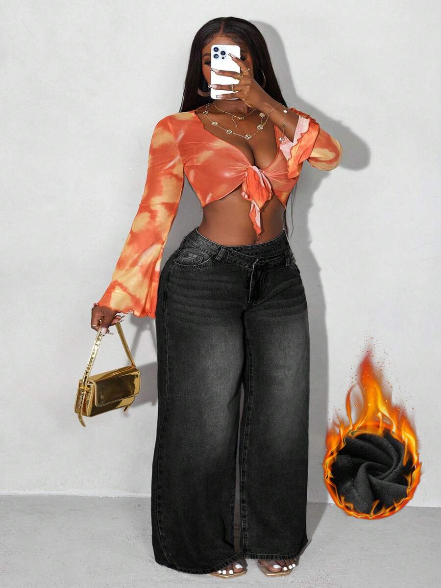 Slaydiva Plus Size Casual Washed Thermal Lined Wide Leg Jeans - Black - View 1
