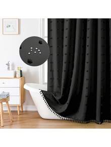 1 件黑色天鹅绒球流苏浴帘，简约 3D 镂空设计防水涤纶浴室窗帘，含挂钩家居浴室装饰秋季装饰浴室配件返校