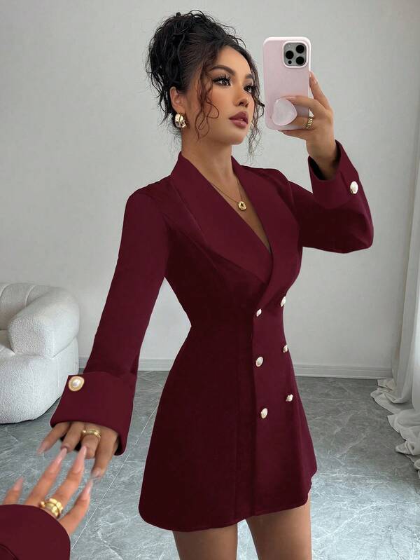 Selianne Selianne Minimalist Claret Long Sleeve Open Front Double-Breasted Short Dress, Suitable For Formal Dinners, Sisters' Gatherings, Evening Dates,Red Dresses For Women,Christmas Women's Clothing,Elegant Dresses For Women,Women At Work