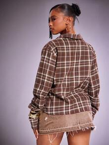 Denimoi Twisted Front Low Neck Long Sleeves Plaid Blouse - Coffee Brown - View 5