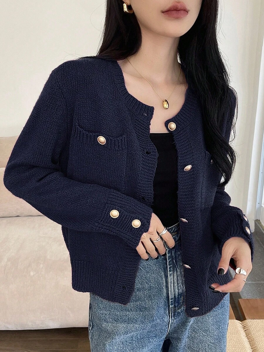 DAZY Áo khoác cardigan tay dài đơn hàng khuy đơn màu trơn cho nữ, mùa thu - Màu xanh hải quân - Xem 1