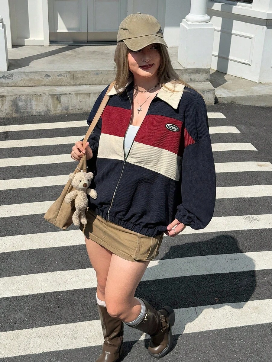 SHEIN EZwear Plus Size Women Casual Color Block Detail Fur Collar Barn Jacket, Autumn/Winter Fall