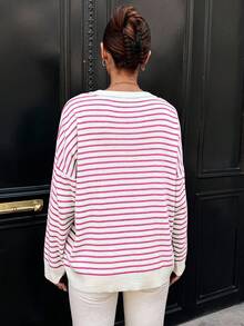 EURMUSE Striped Pattern Drop Shoulder Sweater - Hot Pink - View 2