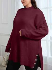 EURMUSE 大码纯色立领开摆休闲套头衫 - 酒紅色 - 查看 4