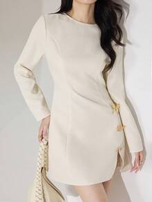 Modelyn Women's Elegant Butterfly Decor Waffle Texture Short Dress, Spring/Autumn