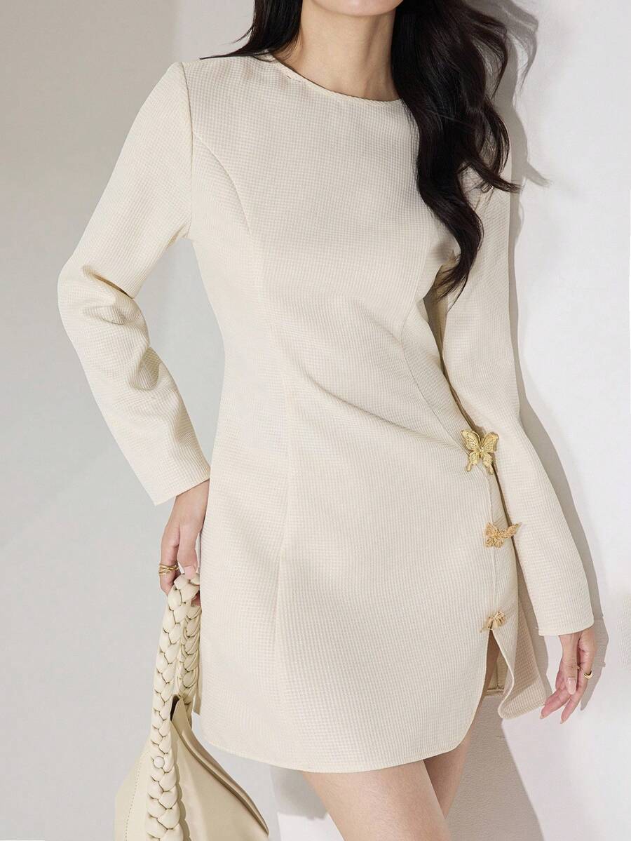 Modelyn Women's Elegant Butterfly Decor Waffle Texture Short Dress, Spring/Autumn