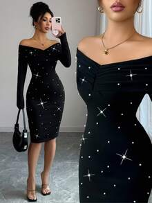 Elenzga 女士优雅露肩仿珍珠中长连衣裙，适合派对 - 黑色 - 查看 3