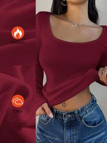 SHEIN BASICS 女士休闲纯色针织圆领长袖修身T恤，升级保暖面料，保暖内衬轻薄不臃肿，秋冬季修身弹力打底衫，红色上衣 - 酒紅色 - 查看 4