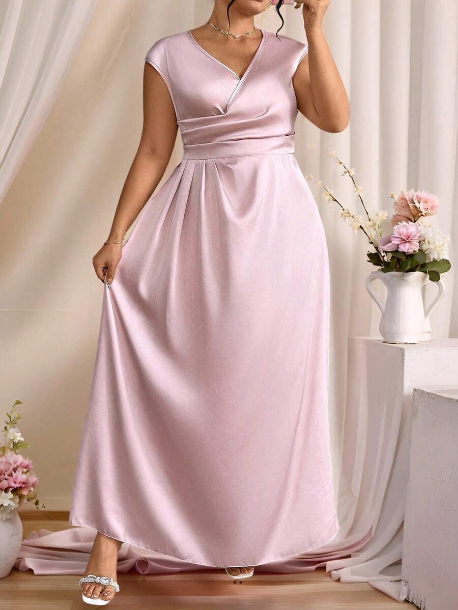 SHEIN LUNE 大码女式 V 领交叉褶皱优雅无袖连衣裙 - 藕粉色 - 查看 1