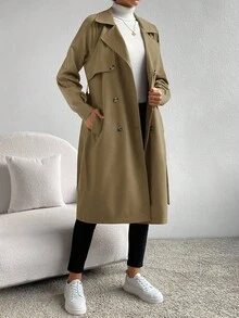 SHEIN Essnce Women's Solid Color Lapel NeckLong Sleeve Double-Breasted Casual Commuter Trench Coat, Autumn