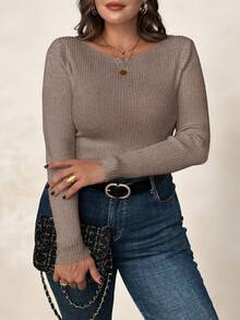 SHEIN VCAY Plus Size Women Apricot Crew Neck Long Sleeve Base Layer Sweater, Autumn/Winter Essential Pullover - Camel - View 5